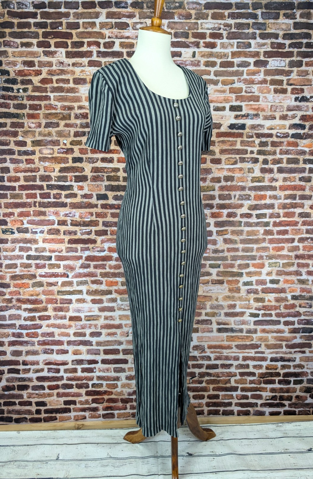 Vintage Long Slit Wiggle Dress 90’s Y2k Striped Button Maxi Size 5 6 Small Gray