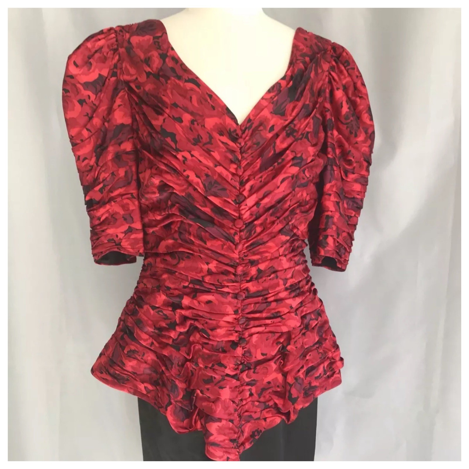 Vtg Jarin 1980s by Ruben Panis Ruched Floral Popover Short Sleeve Dress 16