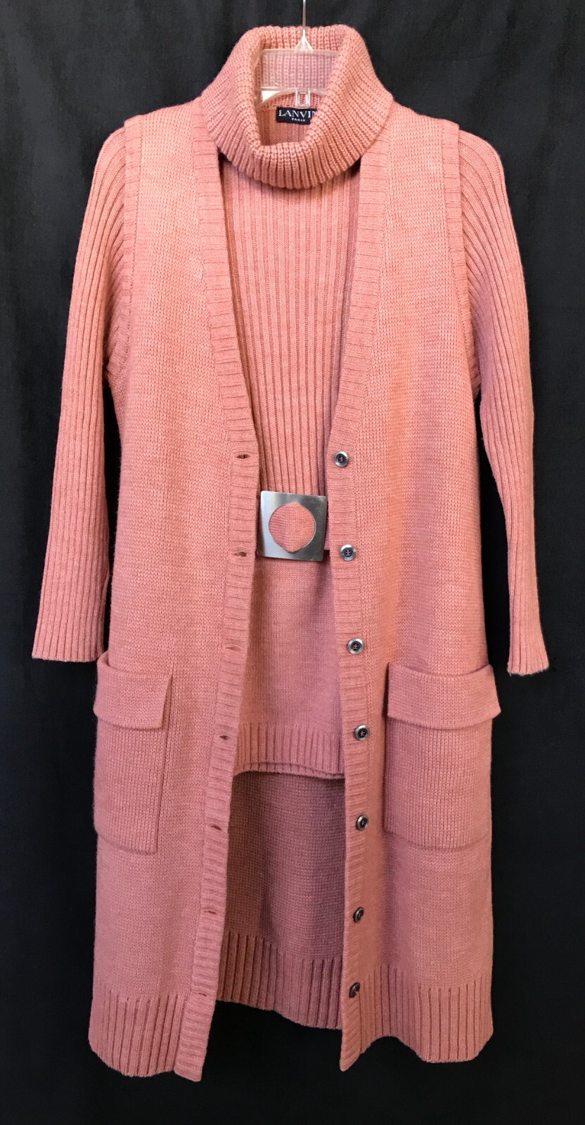 LANVIN Paris 4 piece knit set VTG salmon wool Turtleneck Vest Pants Belt Sz 40