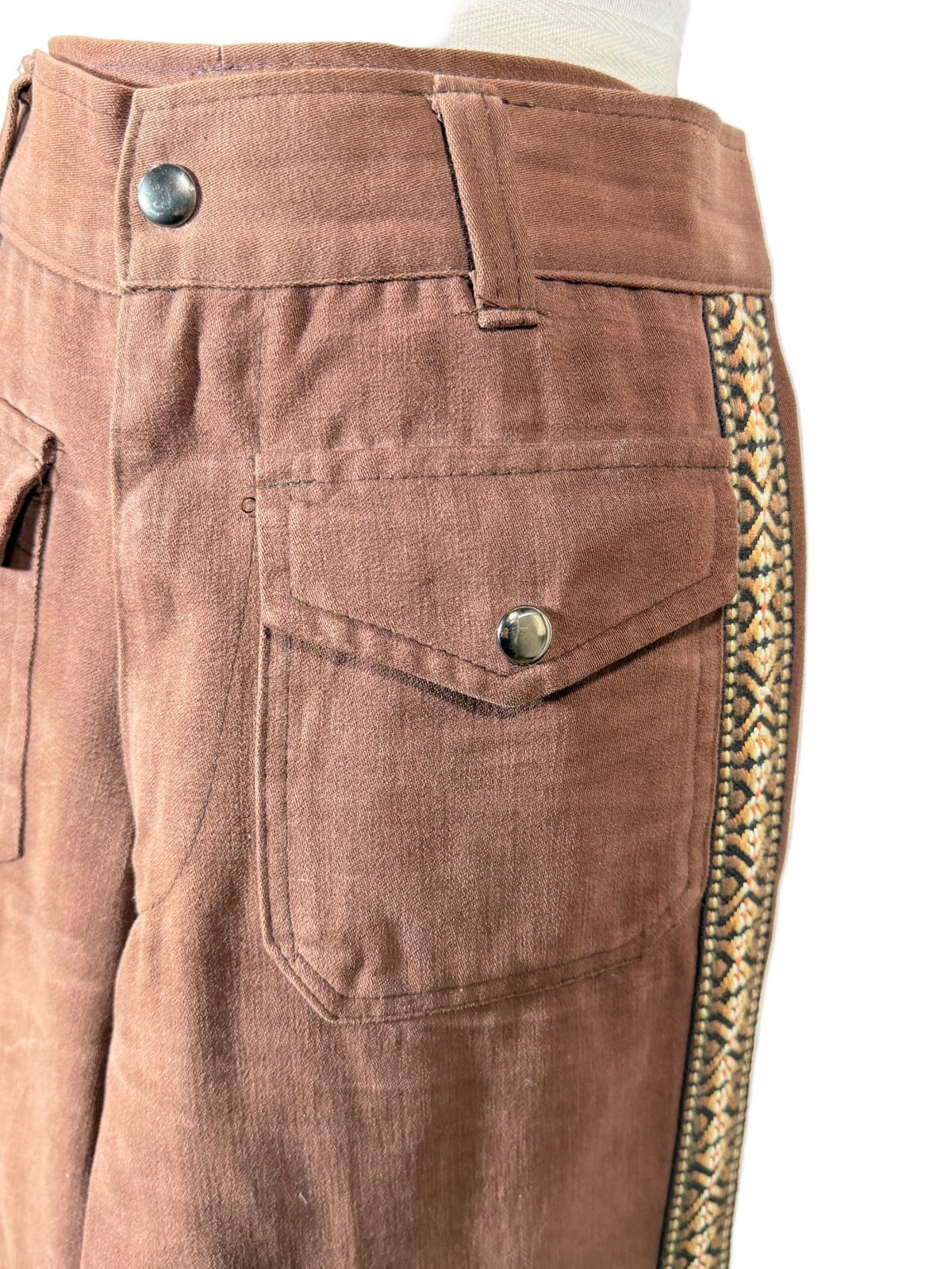 VTG Brown Bell Bottom Jeans, Tapestry Banding, 70s/80s Hippie Pants 29″ Waist