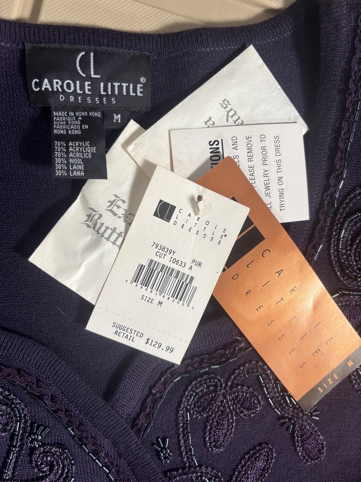 Vintage Carole Light Weight Long Sweater Dress NWT med Purple w/gorgeous beading