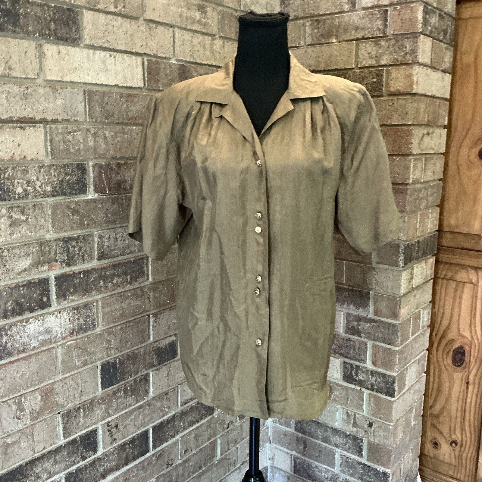 80s VINTAGE Autograph American Clothing Womens M 100% Silk Olive Blouse #53E