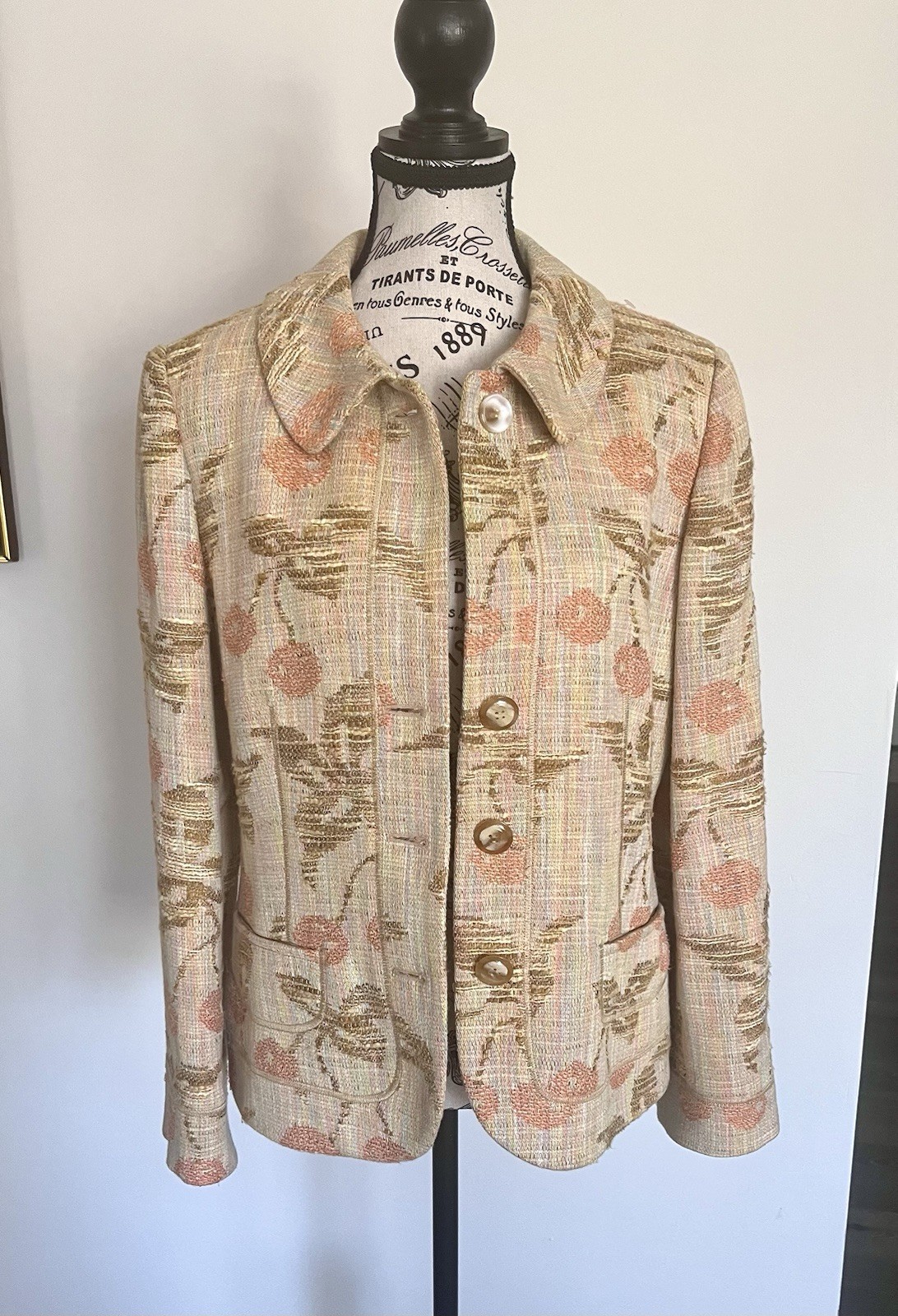 Vintage Carlisle Blazer Women’s Size 10 Tan Pink Cherry Cotton Silk Linen Rayon