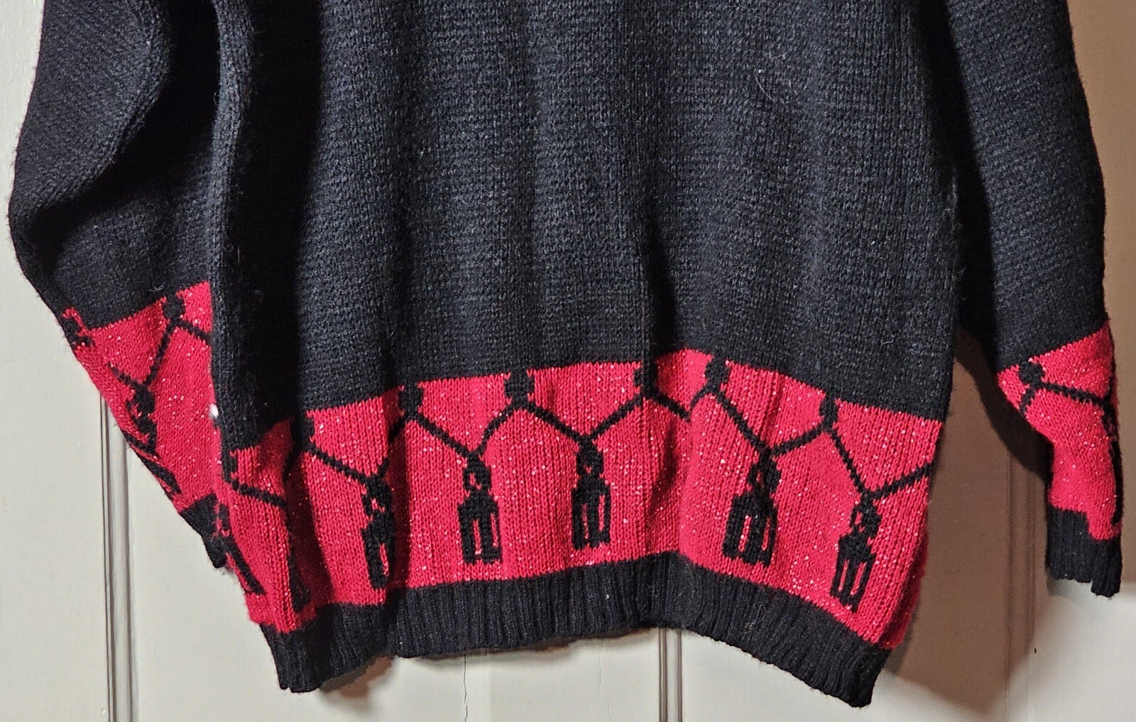 VTG SPUNKY Ugly Sweater Women L Black Red Metallic Whimsygoth White Spooky Cat