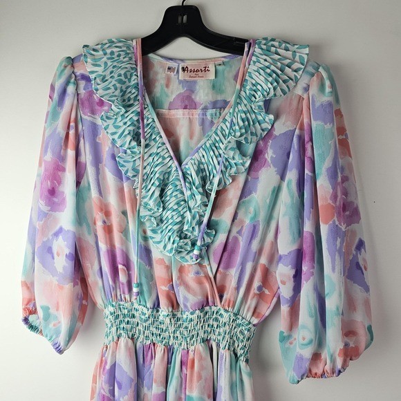 80s Vintage Assorti by Susan Freis Pastel Ruffle Bodice Dress Small Ruffle LS