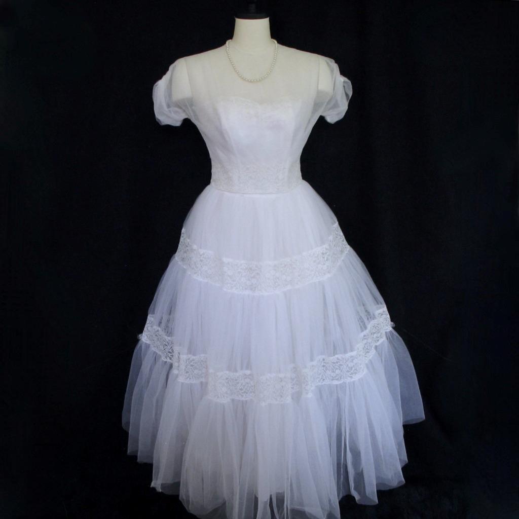 Vintage 50s Emma Domb White Tulle & Lace 2pc Wedding or Prom Dress Tiered Ruffle