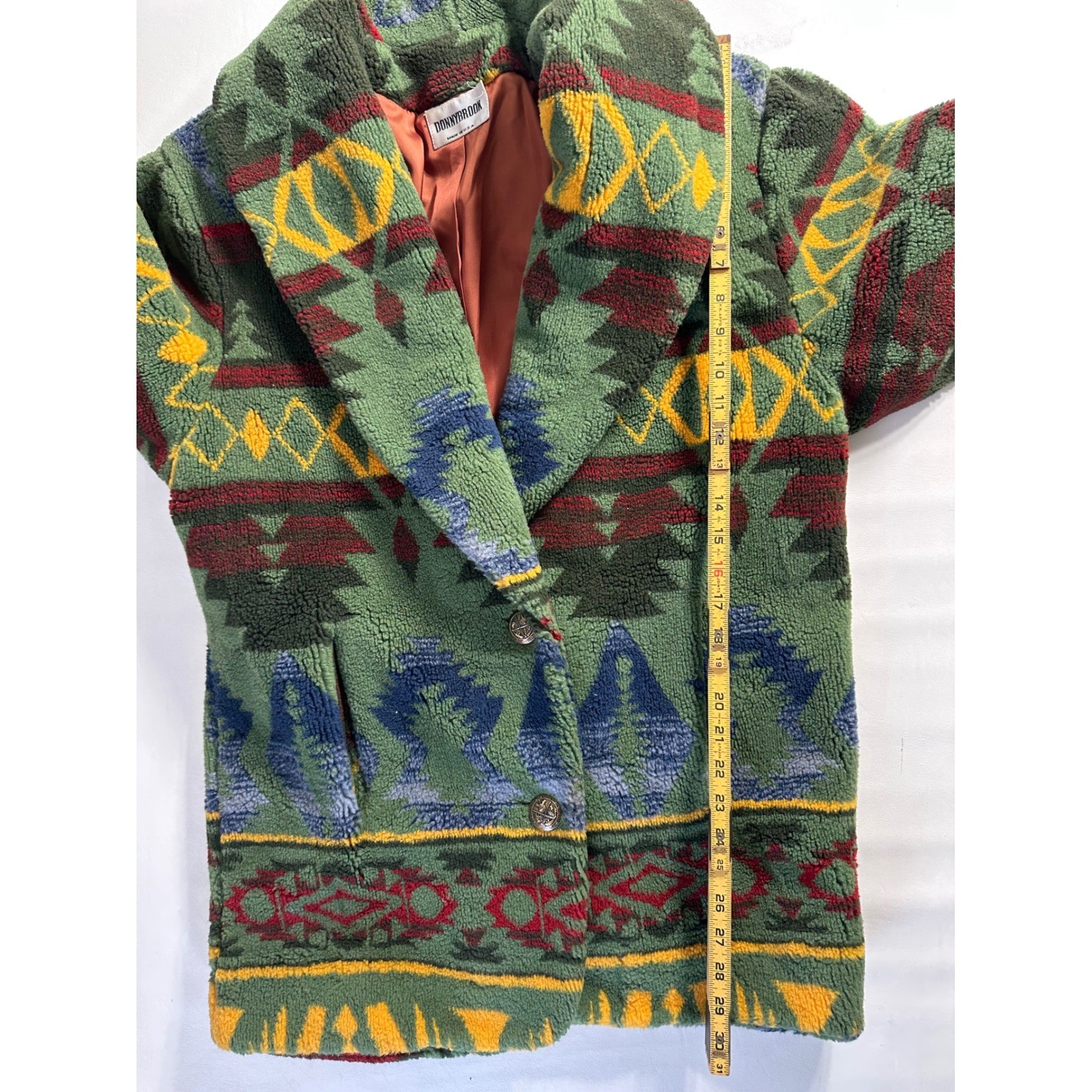 Donnybrook Vintage Southwestern Faux Fur Sherpa Jacket Green Aztec Made in USA