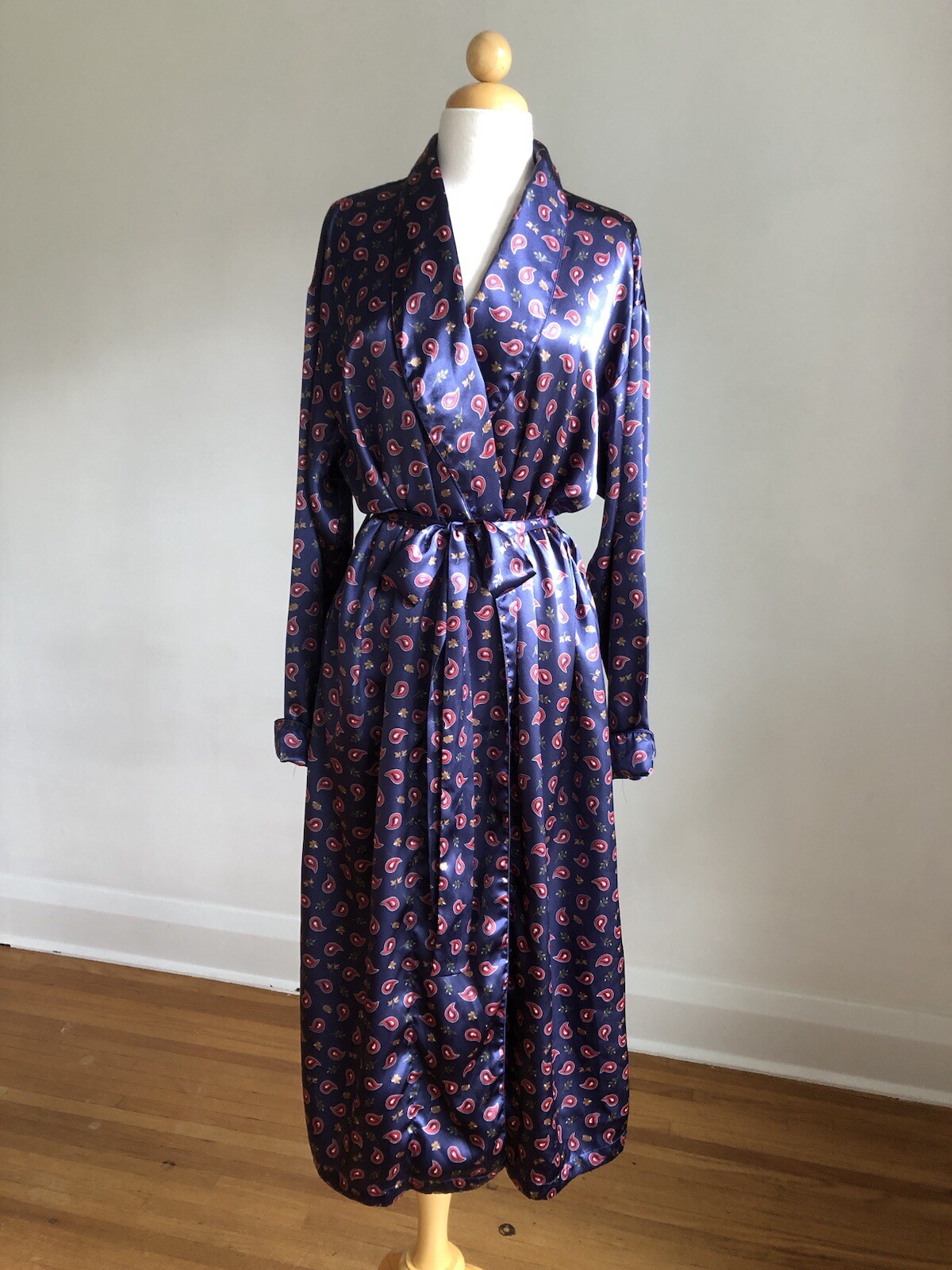 GORGEOUS VTG CABERNET Blue Silky Satin Paisley Print Robe Dressing Gown SZ M