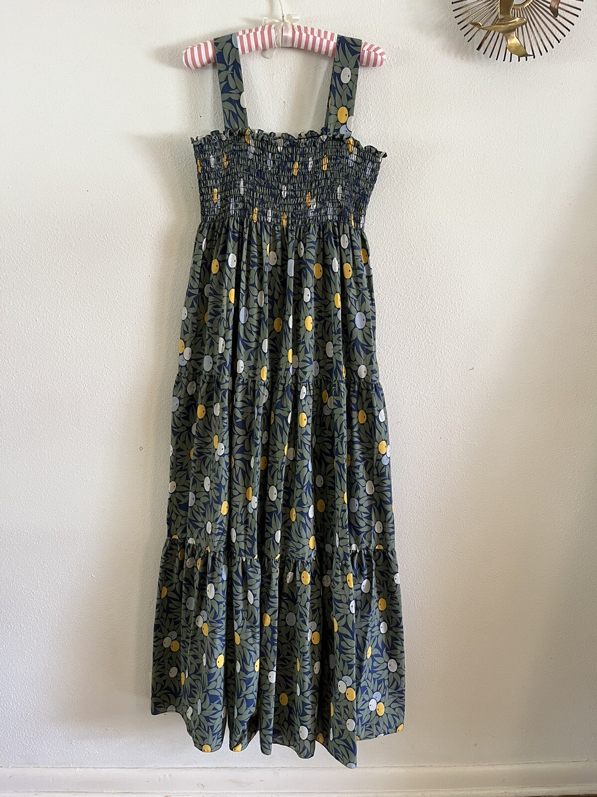 1970s Olive Print Smocked Maxi Dress Cotton Blend Hostess Resort Sundress OS VTG