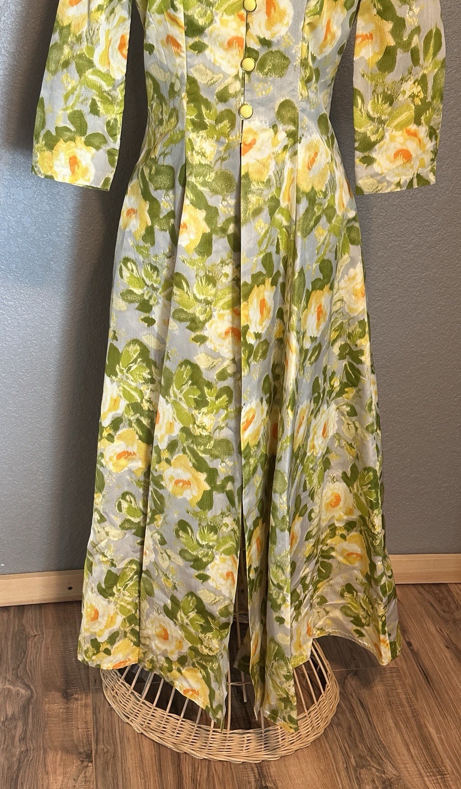 Vtg 50s Handmade Luxurious Floral Taffeta Hostess Gown Coat Glamour Mid Century