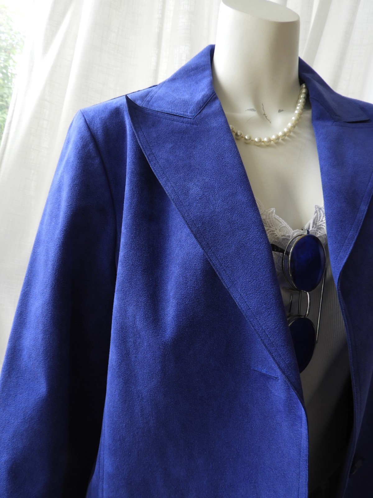 Vtg 1990 s Blue Ultrasuede Duster & Skirt Suit Set Evelyn McGill sz S/M
