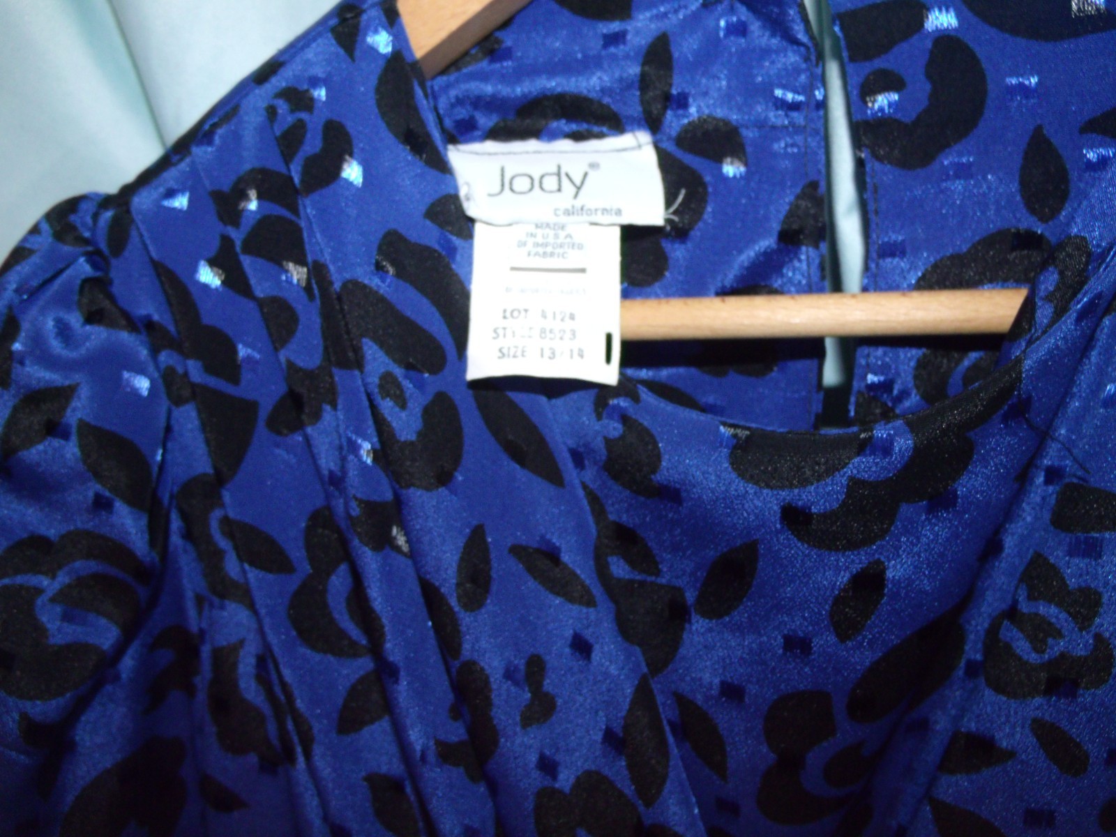 VTG Jody Calif. Blue Geometric Midi Peplum Sheath Dress Women’s Sz 14 80s Retro