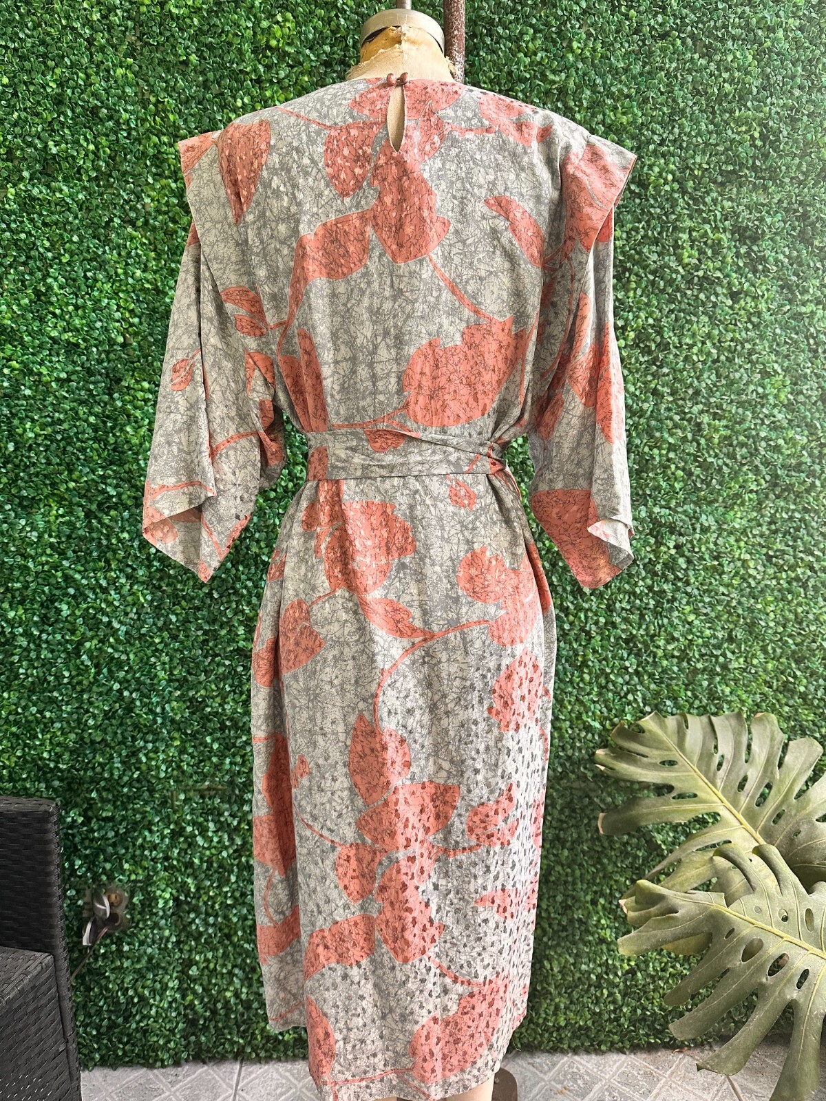 FLORA KUNG 80s Gray Pink Silk Balloon Slv Secretary Cocktail Belted Dress