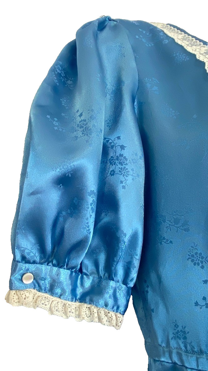 Vintage 1980s blue satin midi dress S M short puffed sleeves white lace floral