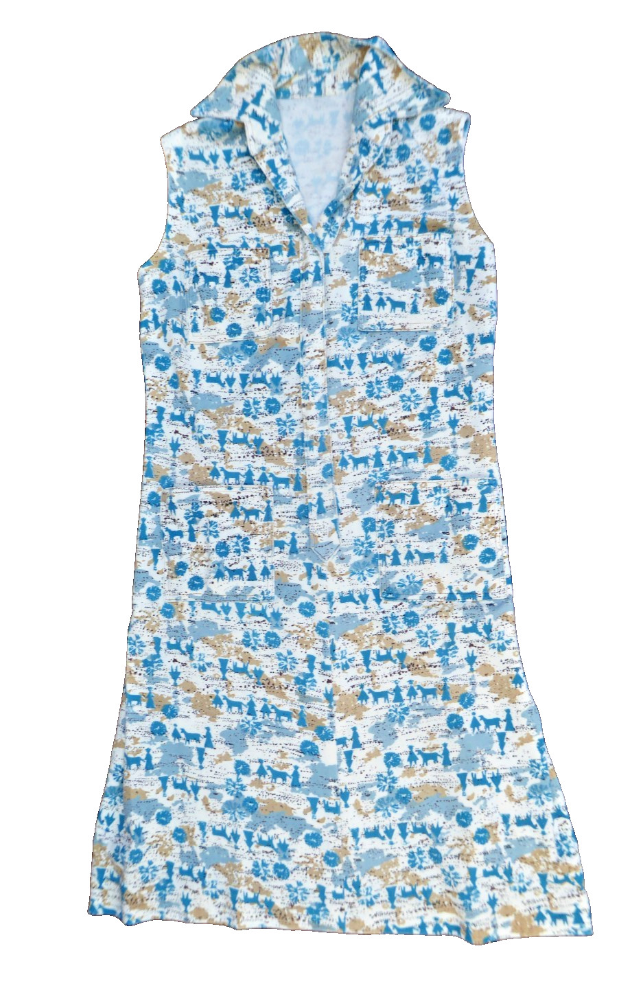 VTG 60s 70s Handmade Novelty Print Shift Dress Blue White Sleeveless Mod Small