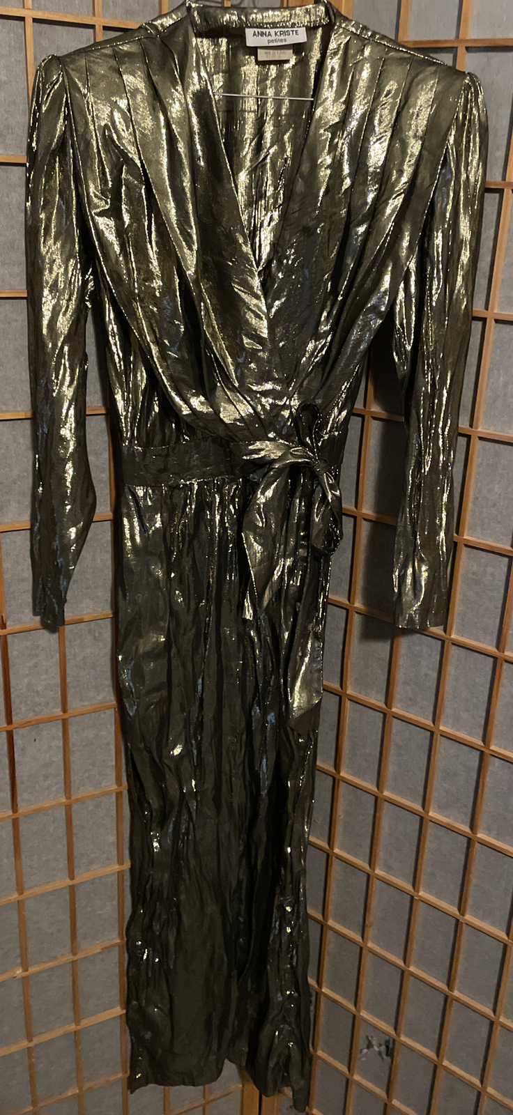 Vintage Anna Kriste Gold Lame Metallic Jumpsuit Long Sleeve Wrap Waist Size 6P