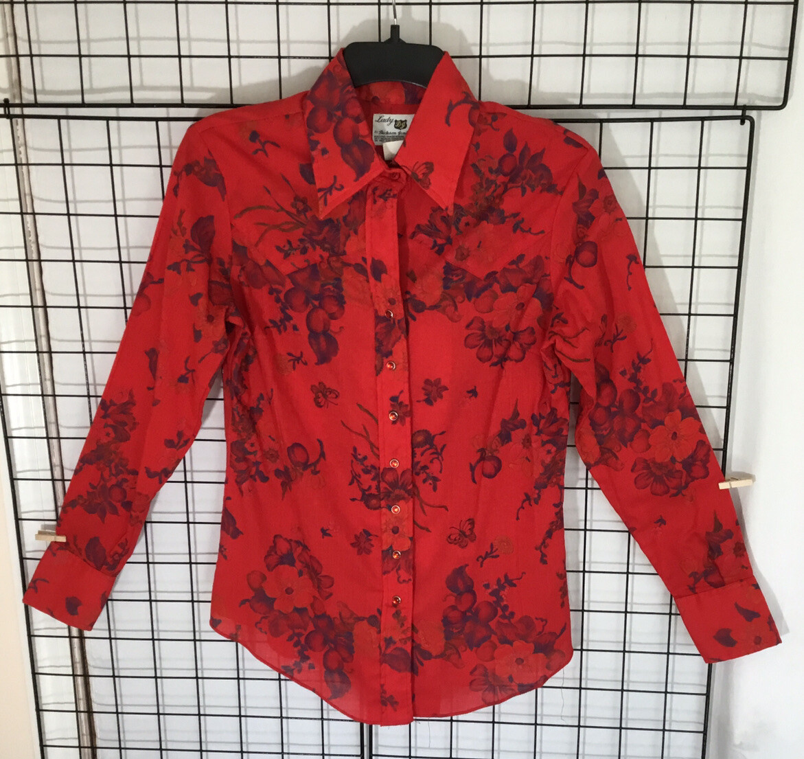 Vintage Lady DJ by Dickson-Jenkins Bright Red Floral Blouse Western Style 1970’s