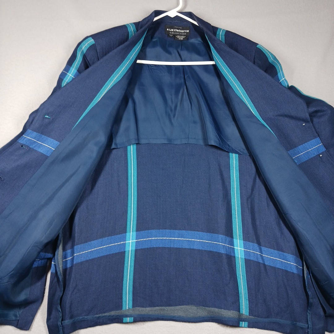 VTG 90s Liz Claiborne Collection Women 14 Petite Linen Plaid MULTICOLOR Blazer