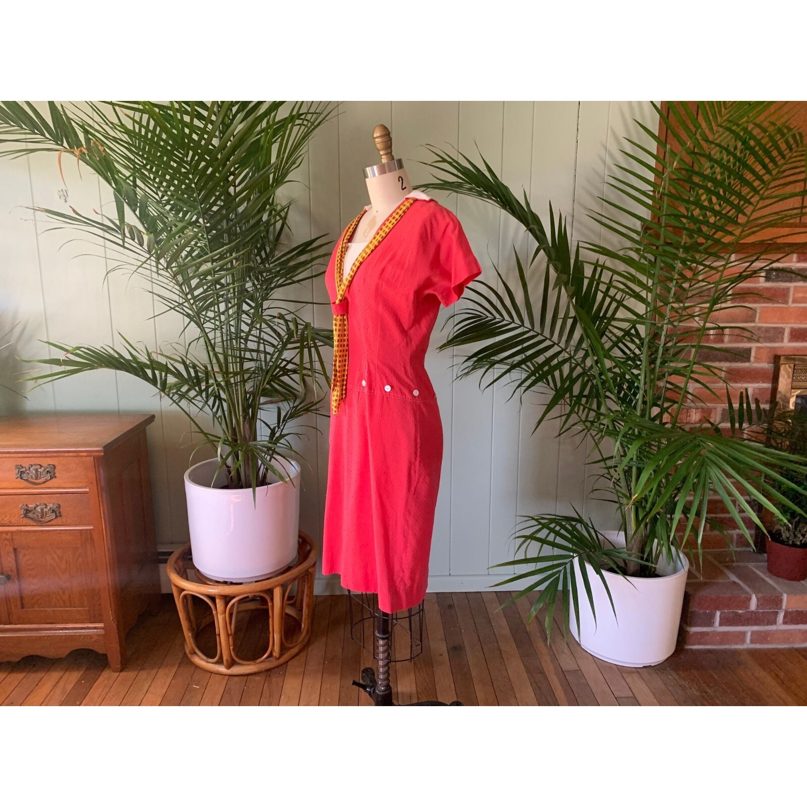 Vintage 1960s Red Dotted Swiss Cotton Dress White Collar Yellow Red Scarf