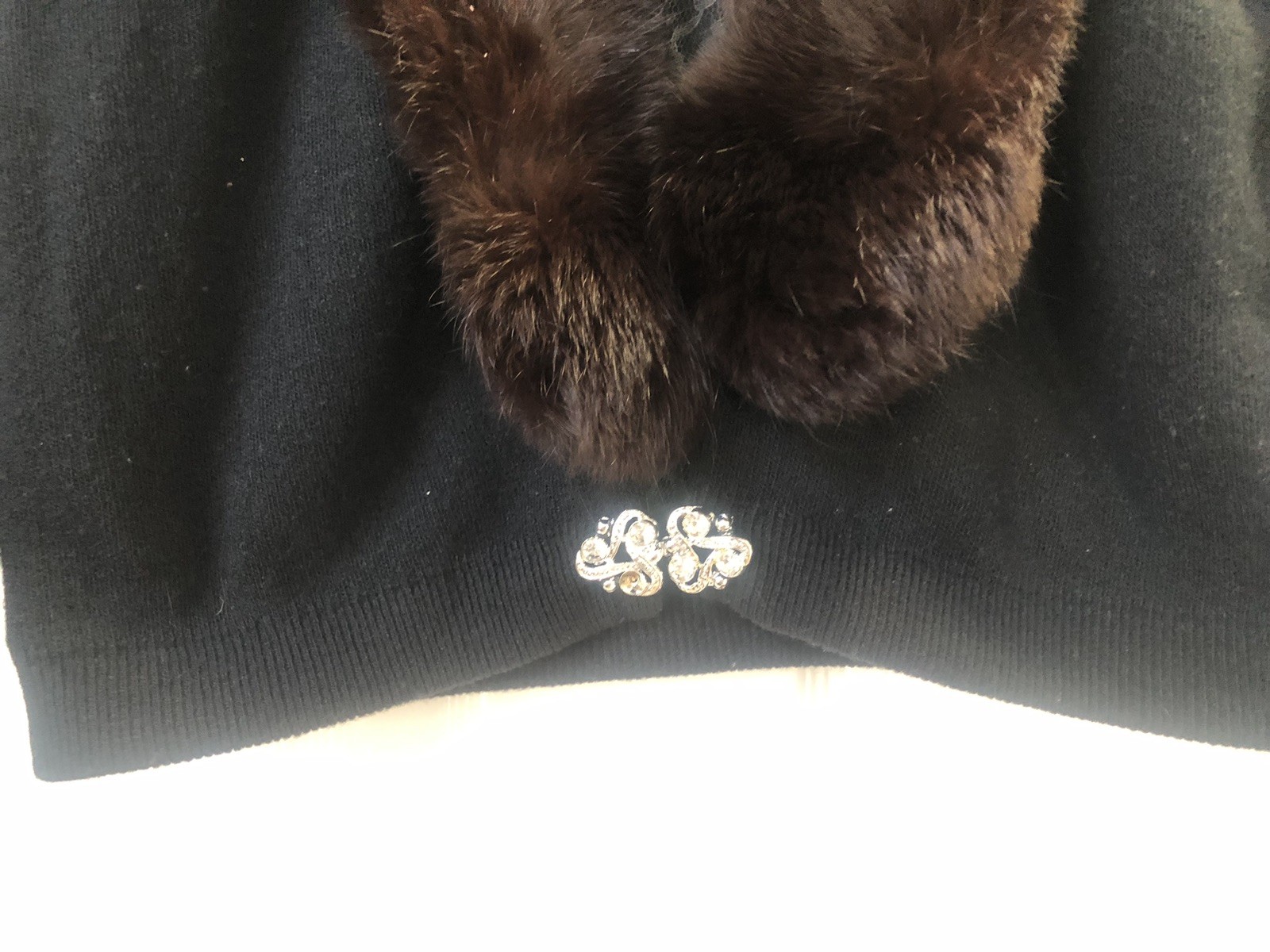 60s VTG Wool Cardigan w Black FUR COLLAR and Rhinestone Clasp