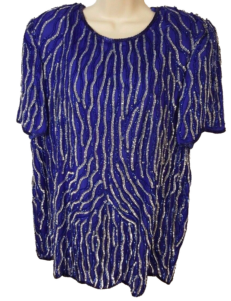 Vintage Jewel Queen Size L Blue Sequin Pure Silk Short Sleeve Evening Blouse Top