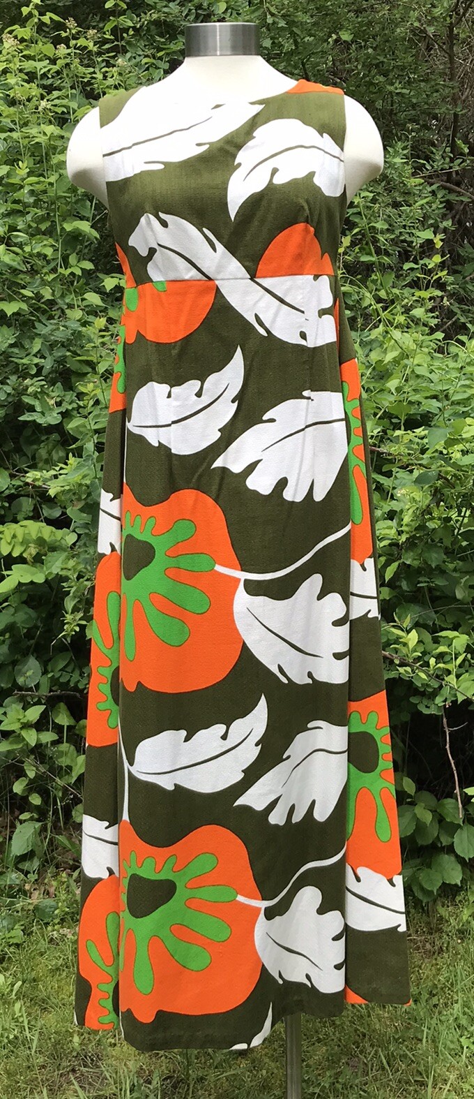 Vintage Tiki Hawaii dress GREEN ORANGE WHITE maxi sleeveless sexy pinup RARE MCM