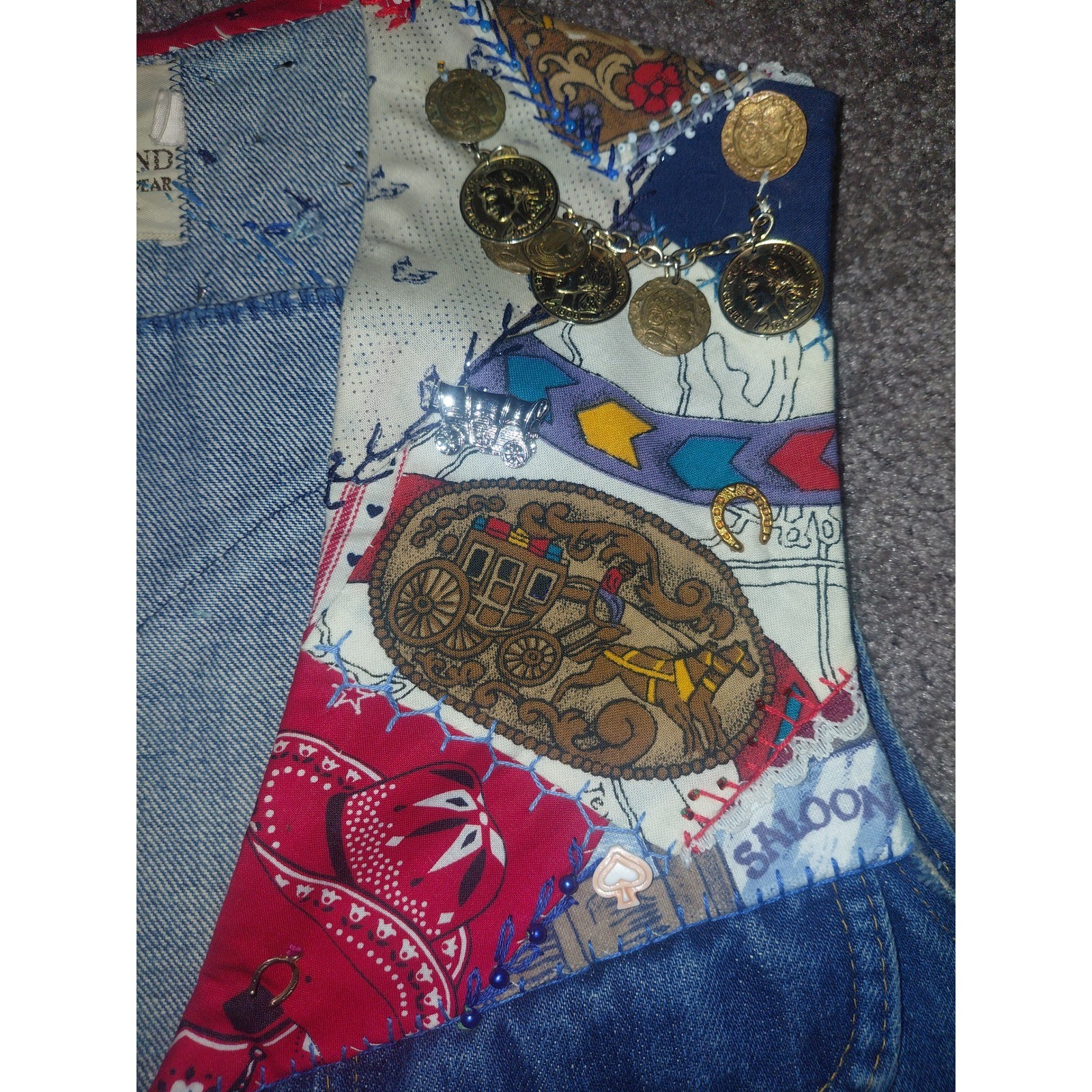 Vintage Dee Cee Brand Western Denim Vest Patchwork Charms Sheriff Badge USA Made