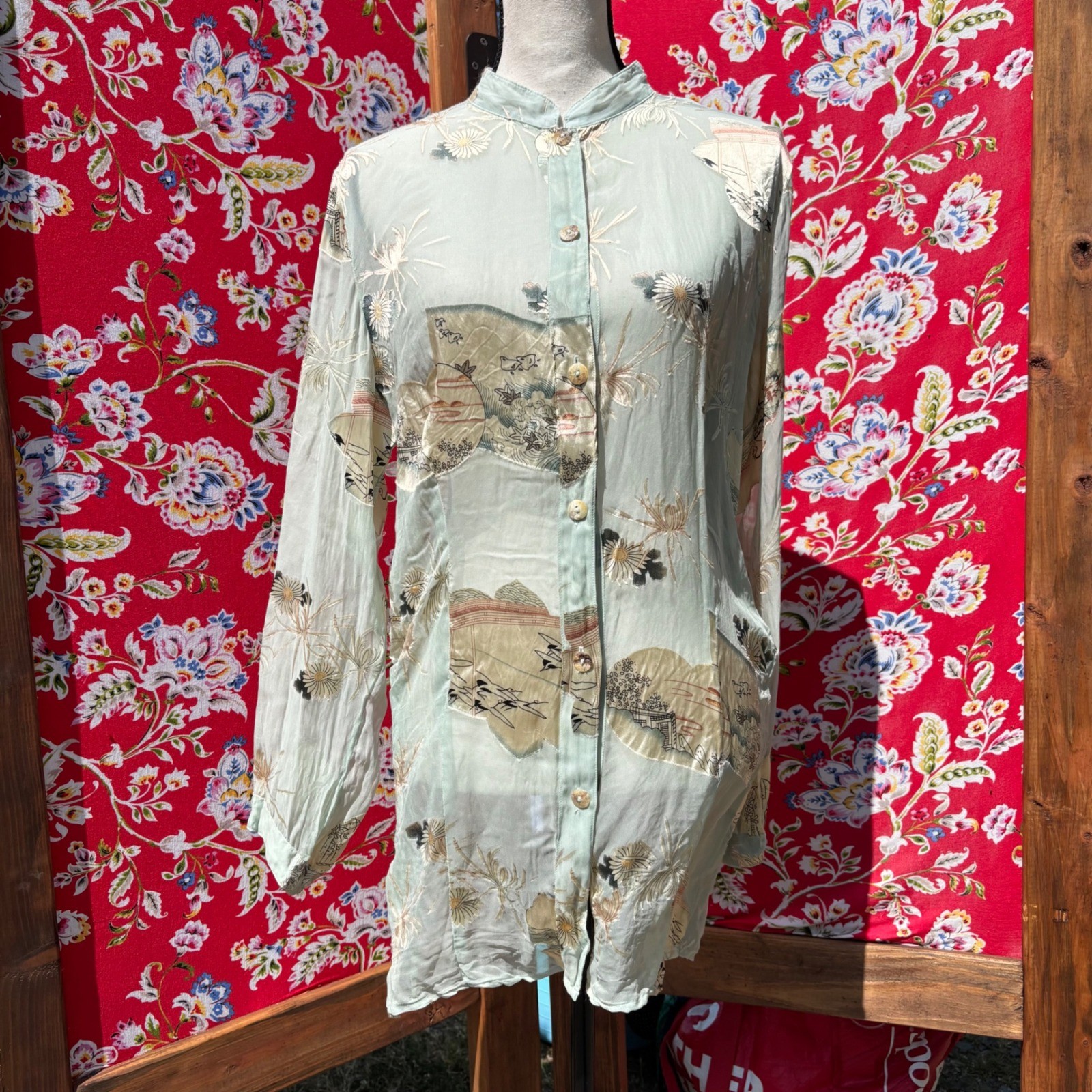 Vintage Semi Sheer Beachy Coastal Button Front Boho Blouse Size L