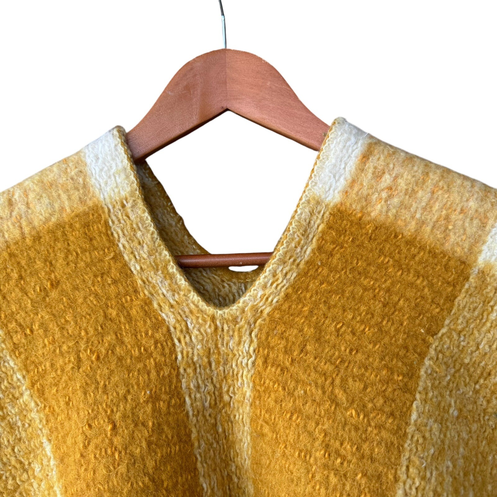 Vtg Heavy Wool Blanket Poncho Plaid Fringe Gold Yellow Tan White