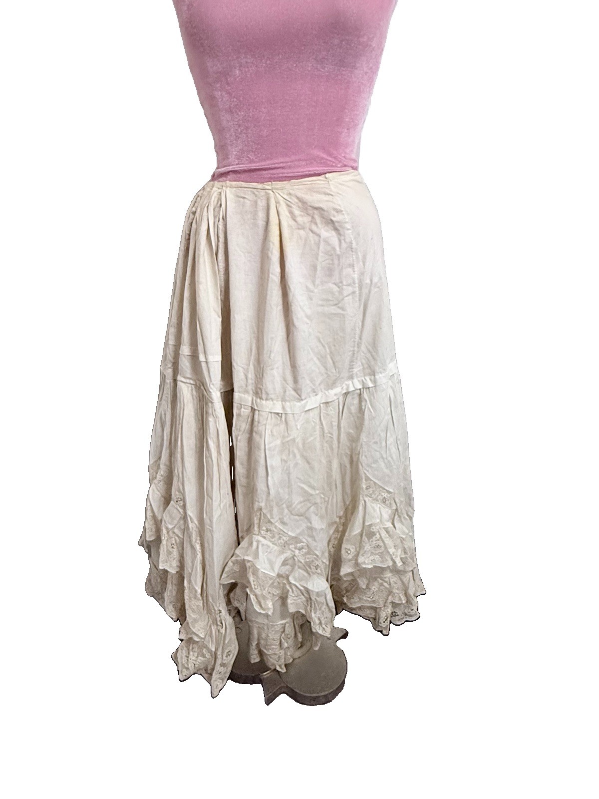 Antique Victorian Cotton & 3 Layers Of Lace Petticoat Underskirt Vintage 27w 35L