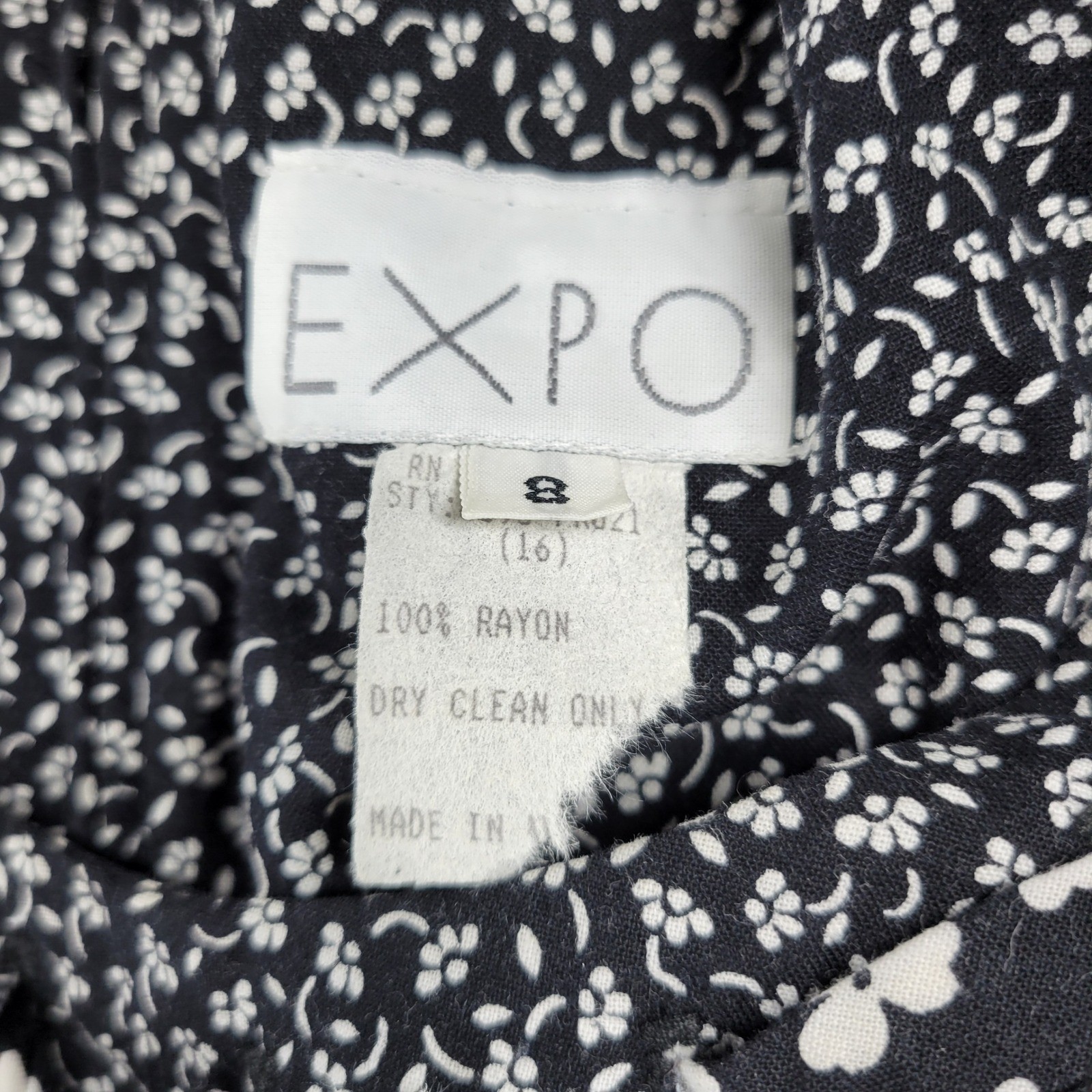 VTG EXPO Ditsy Floral Jumpsuit Size 8 Black Bow Wide Leg Zip Cottagecore Retro