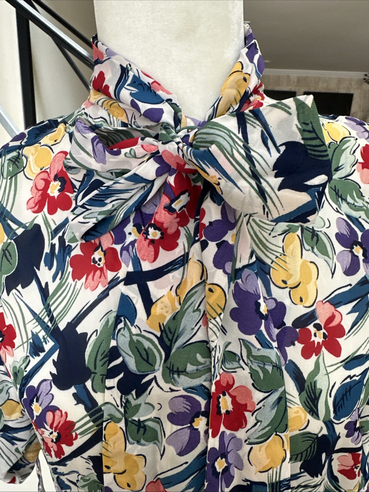 Norma Kamali 80s Floral Print Rayon High Low Long Dress Pussy Bow Keyhole Neck S