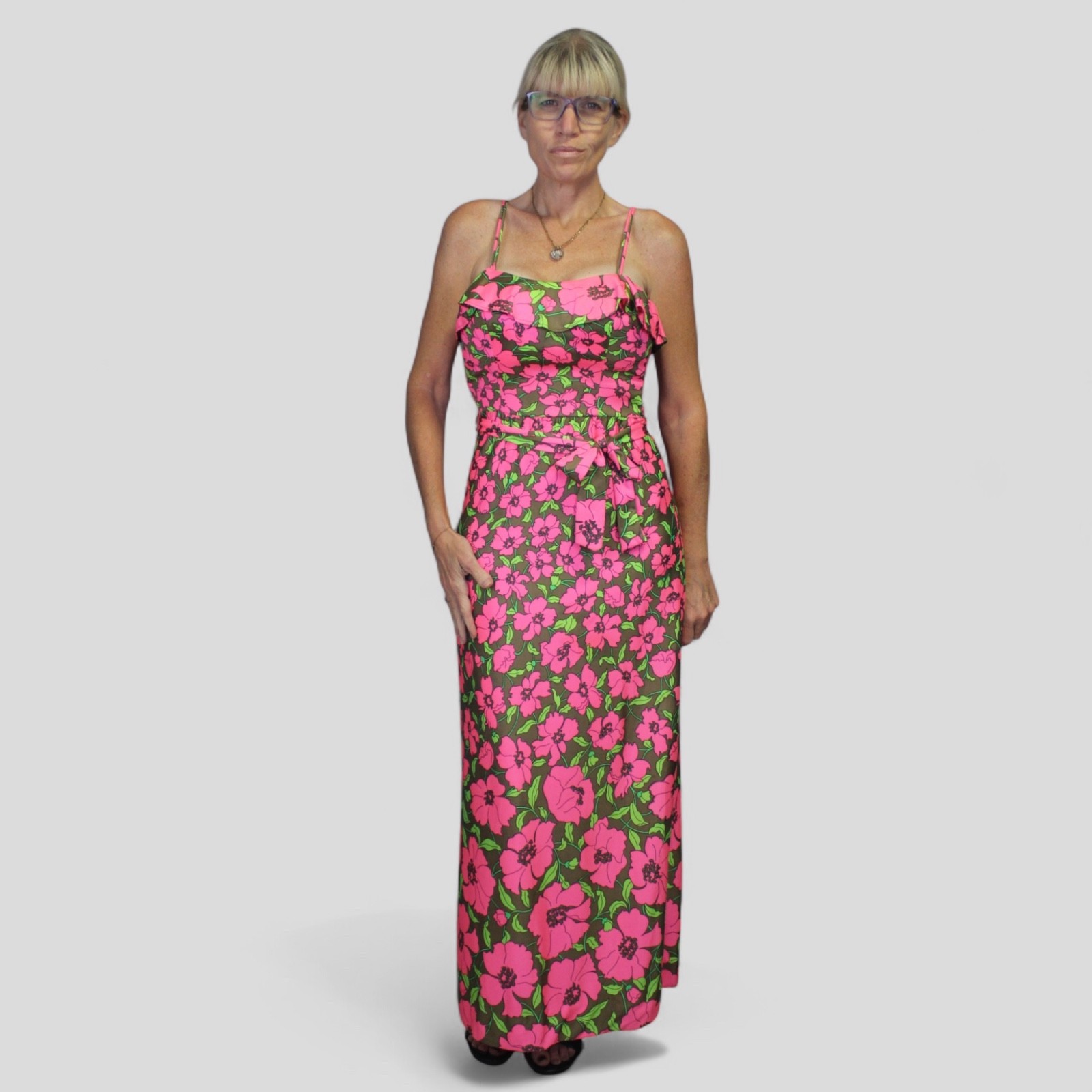 Vintage 70s Pretty Colorful & Vibrant Pink and Green Floral Print Catalina Dress