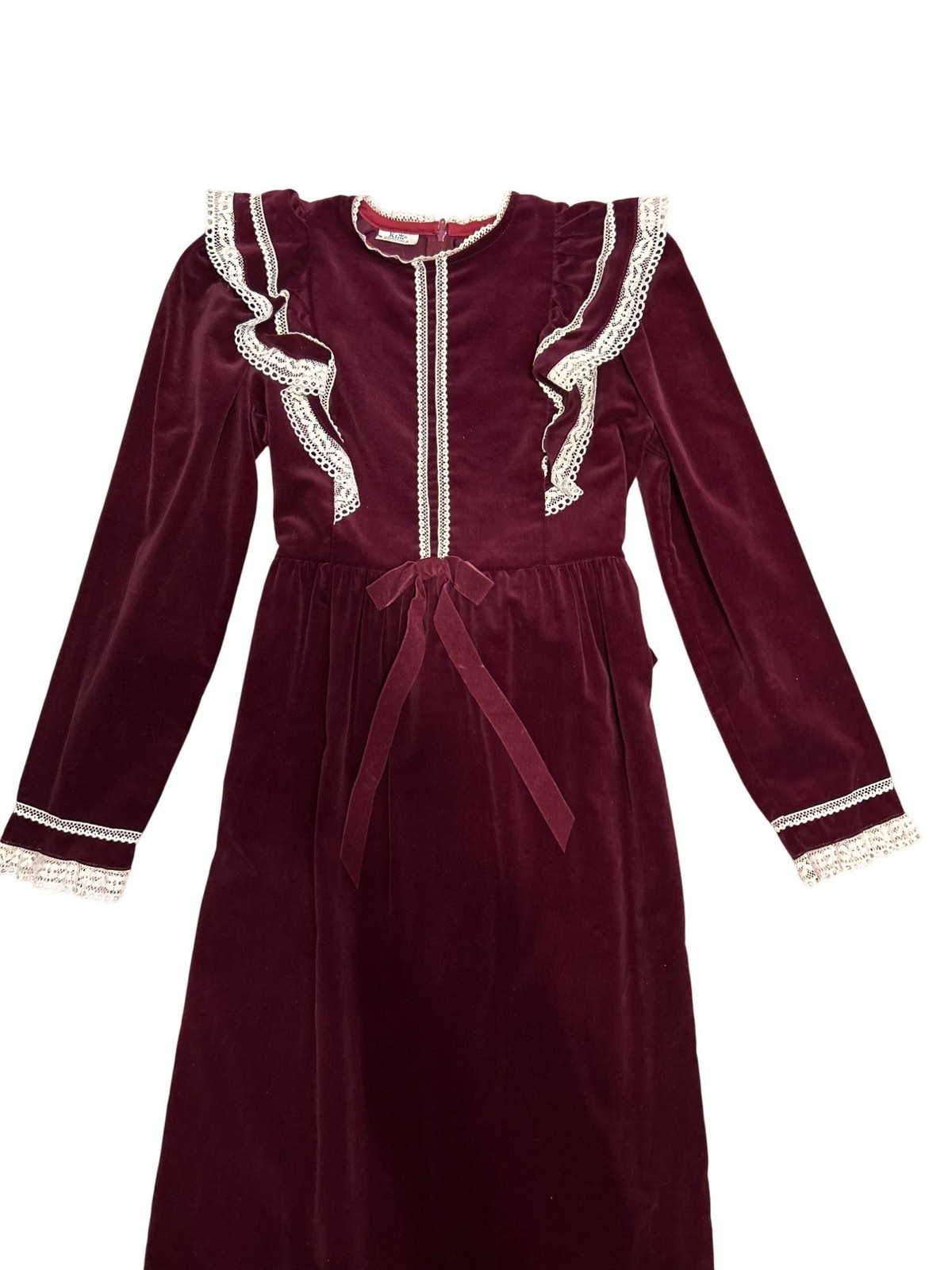 Vintage Burgundy Velvet Prairie Dress Lace Trim & Bow Detail Long Sleeve Ruffle