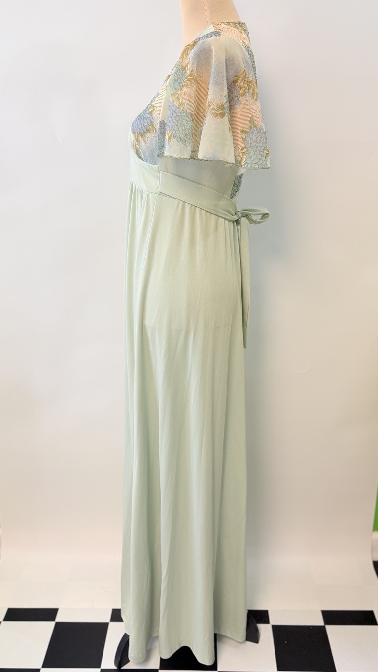 Vintage 70s Angel Sleeve Floral Lady Maxi Jade Green Dress Hippie Small Unique