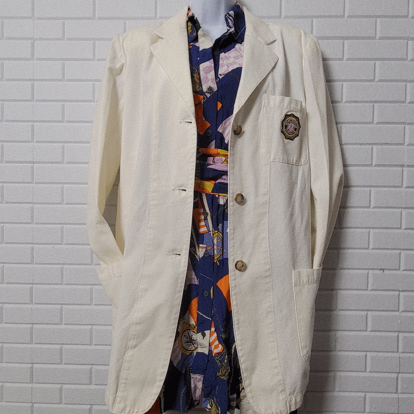 Vtg 90s DKNY Jeans Blazer Small Cream Cotton Longline Sporty Prep Crest