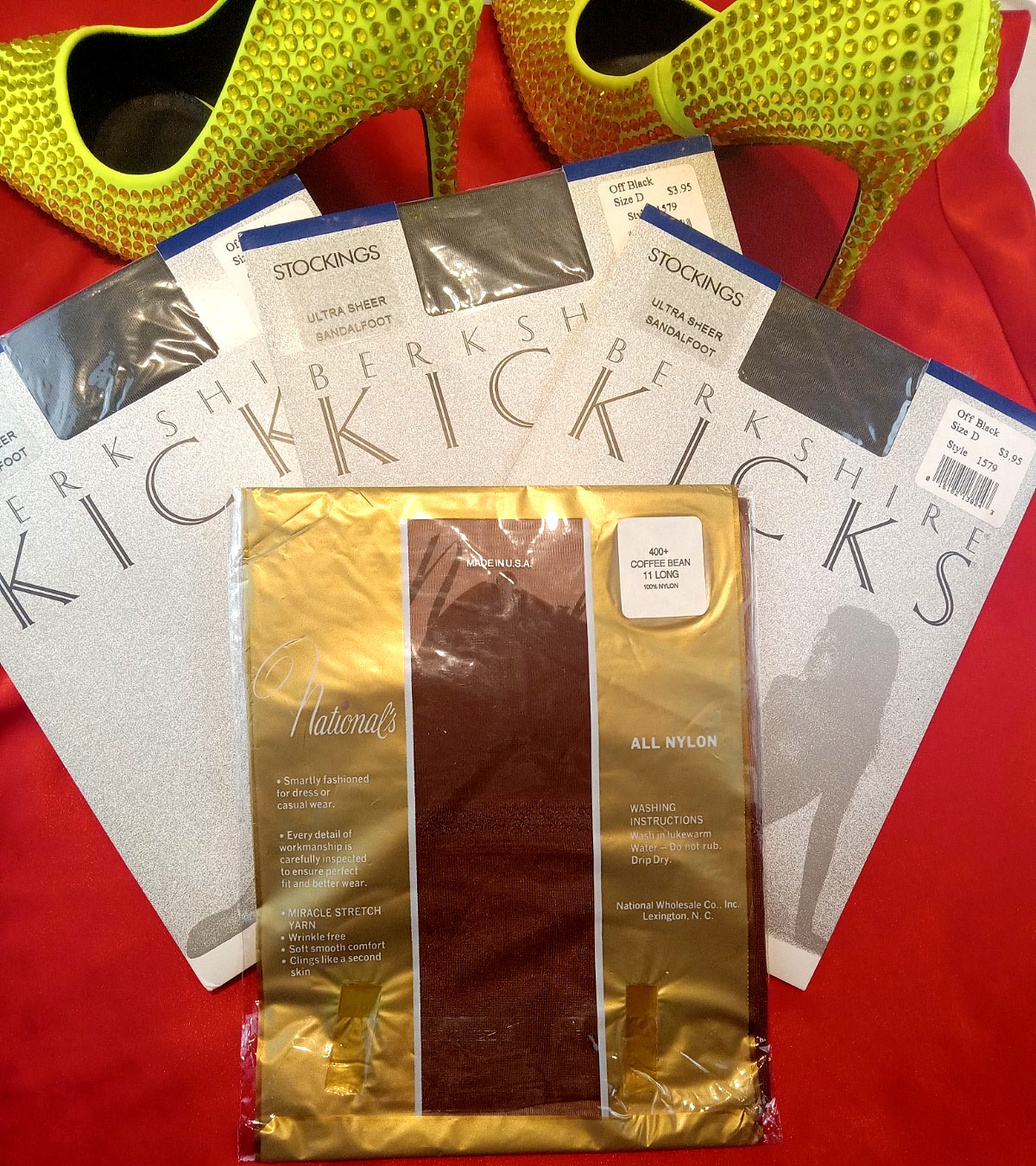 3 PAIRS RARE SZ D VTG KICKS & SZ 11 L NATIONALS FLAT KNIT GARTER NYLON STOCKINGS