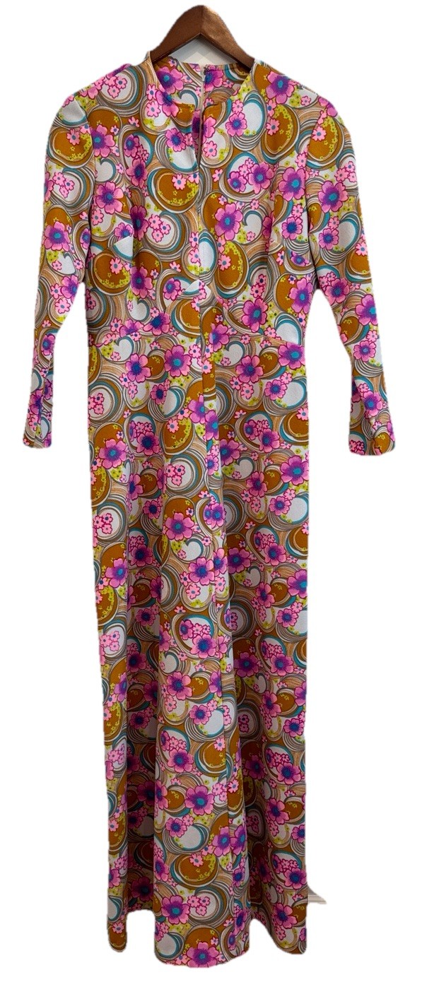 Vintage 60s 70s Psychedelic Hippie Colorful MOD Floral Maxi Dress Sz Large