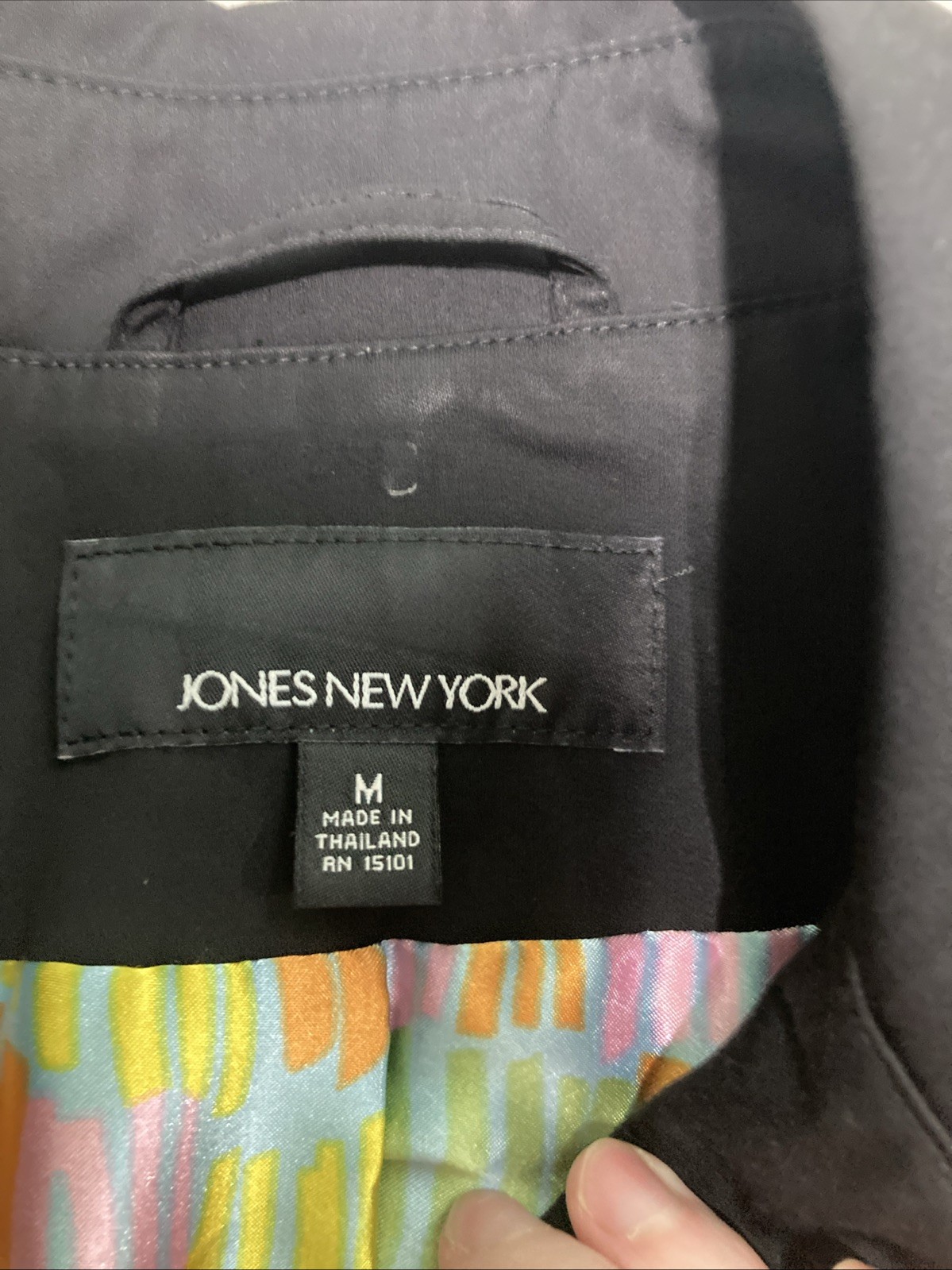 Vtg Y2K Jones New York Black Trench Coat Rain City Colorful Geometric Lining M