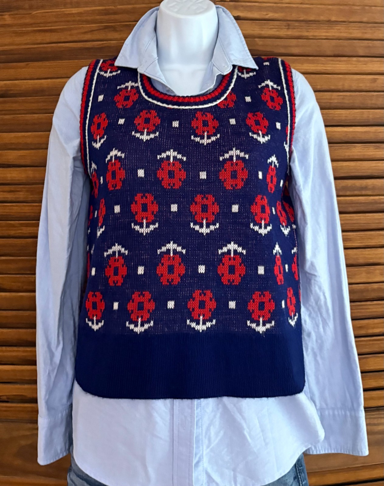 Ship 'n Shore Sweater Vest Women M Vintage 70s Navy Red Floral Daisy