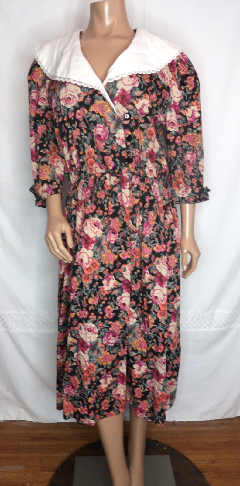 VTG 80s Tina Barrie Black Rose Print White Collar Elbow Puffed Sleeve Dress 18