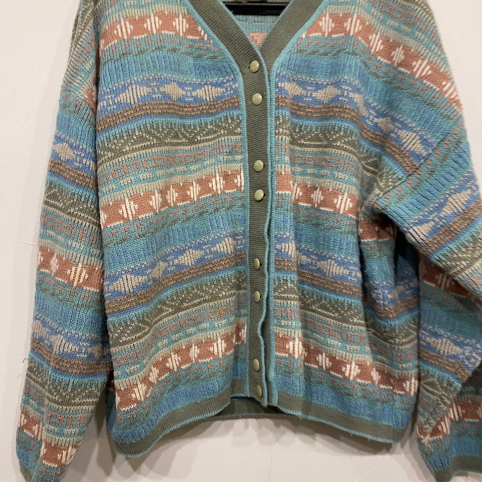Lee Cooper Mystic Northern Vintage Fair Isle Cardigan Blue Green Geometric Multi