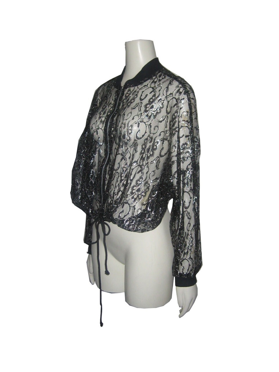 Black Metallic Mesh Lace See Thru Zipper Front Drawstring Waist Grunge Jacket