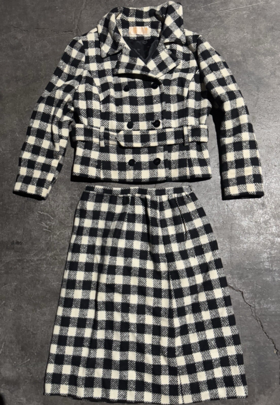 Vintage 1970s Pendleton Buffalo Plaid Black And White Wool Jacket And Skirt Set