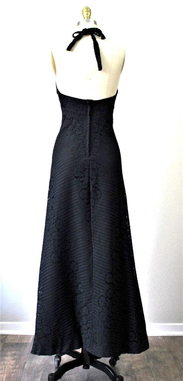 Vintage 70’s DEADSTOCK Joy Stevens California Black Lace Halter Maxi Dress