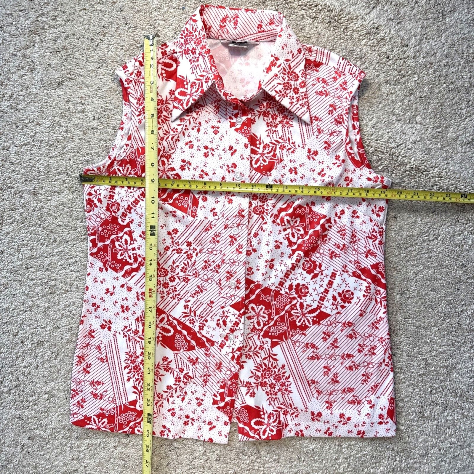 Vintage 70s Sears Sleeveless Blouse Womens M Red White Retro Mod Patchwork Top