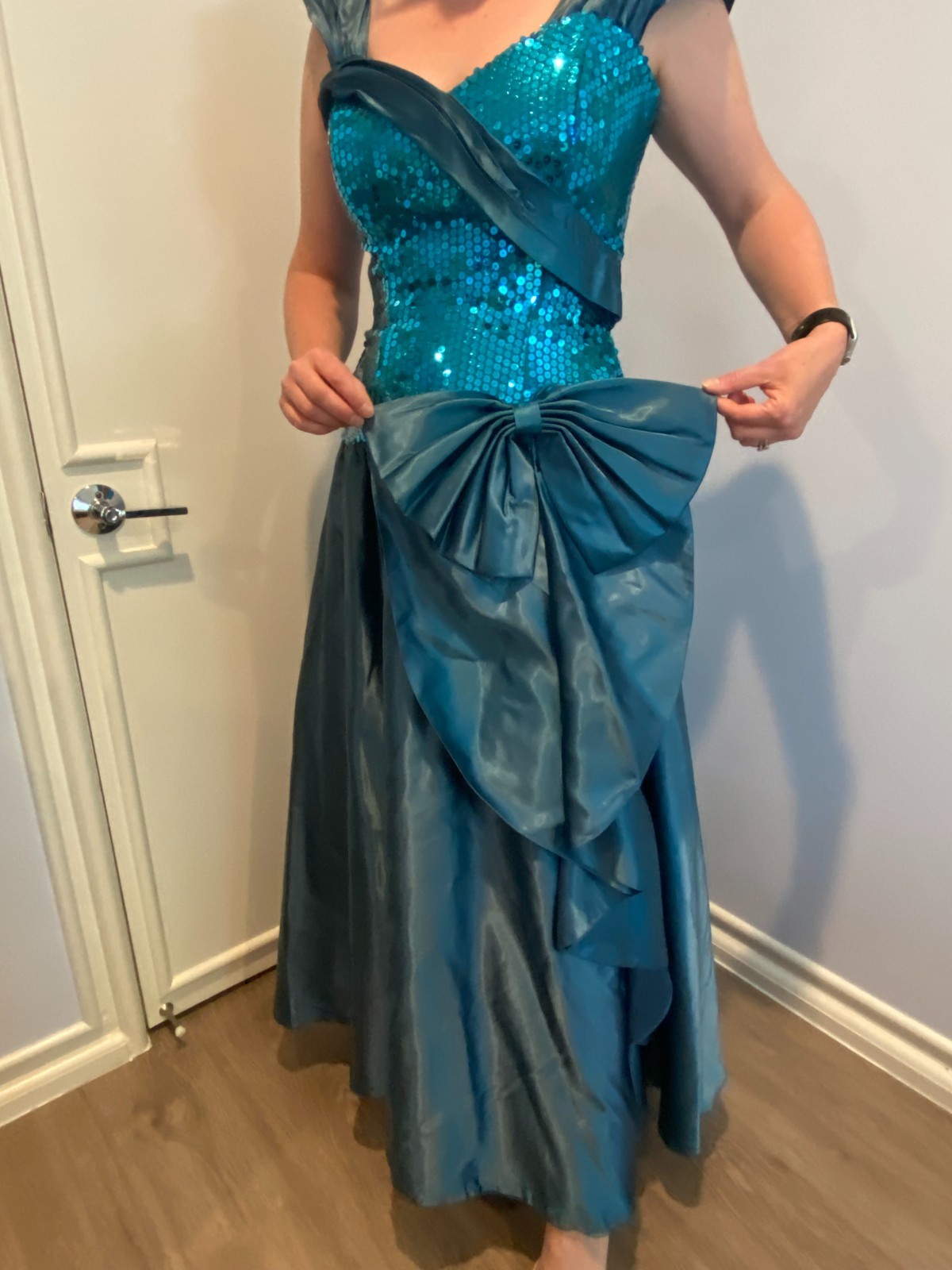 Stunning Vintage 80s Prom Dress Teal Sequin and satin with black crinoline