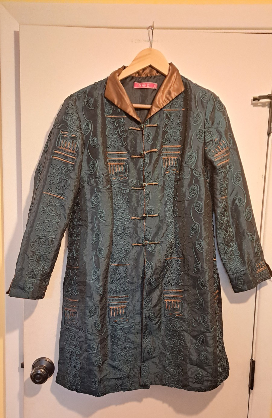 Thai Silk Embroidered Robe Jacket Green Coat US Medium Asian XXL