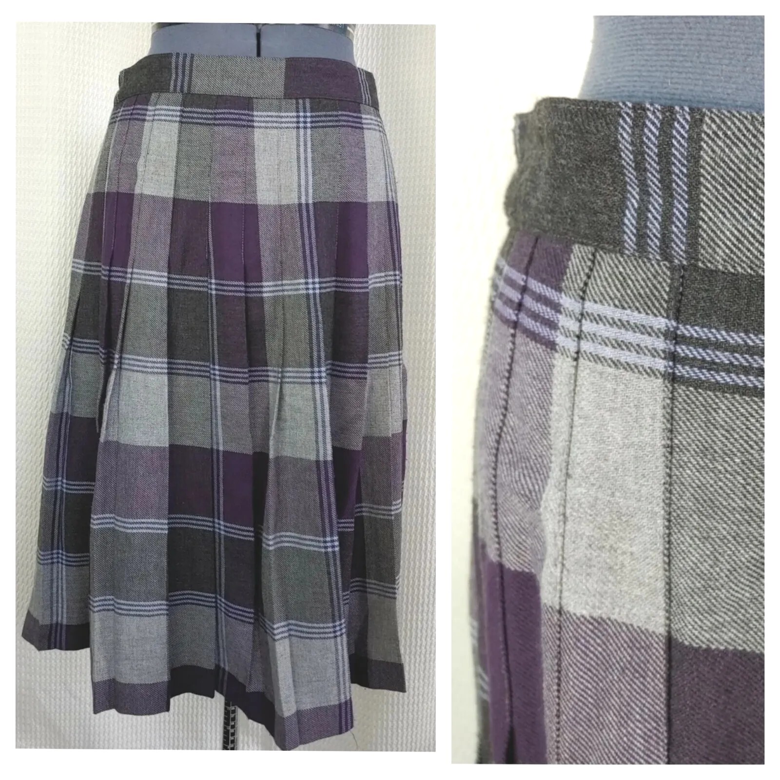 Vintage Tan Jay Grey/Purple/Black Plaid Pleated Skirt 12 Petite
