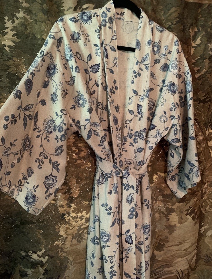 Vintage OOAK Linen Floral Maxi Full Length Kimono Wrap Robe Duster boho cottage